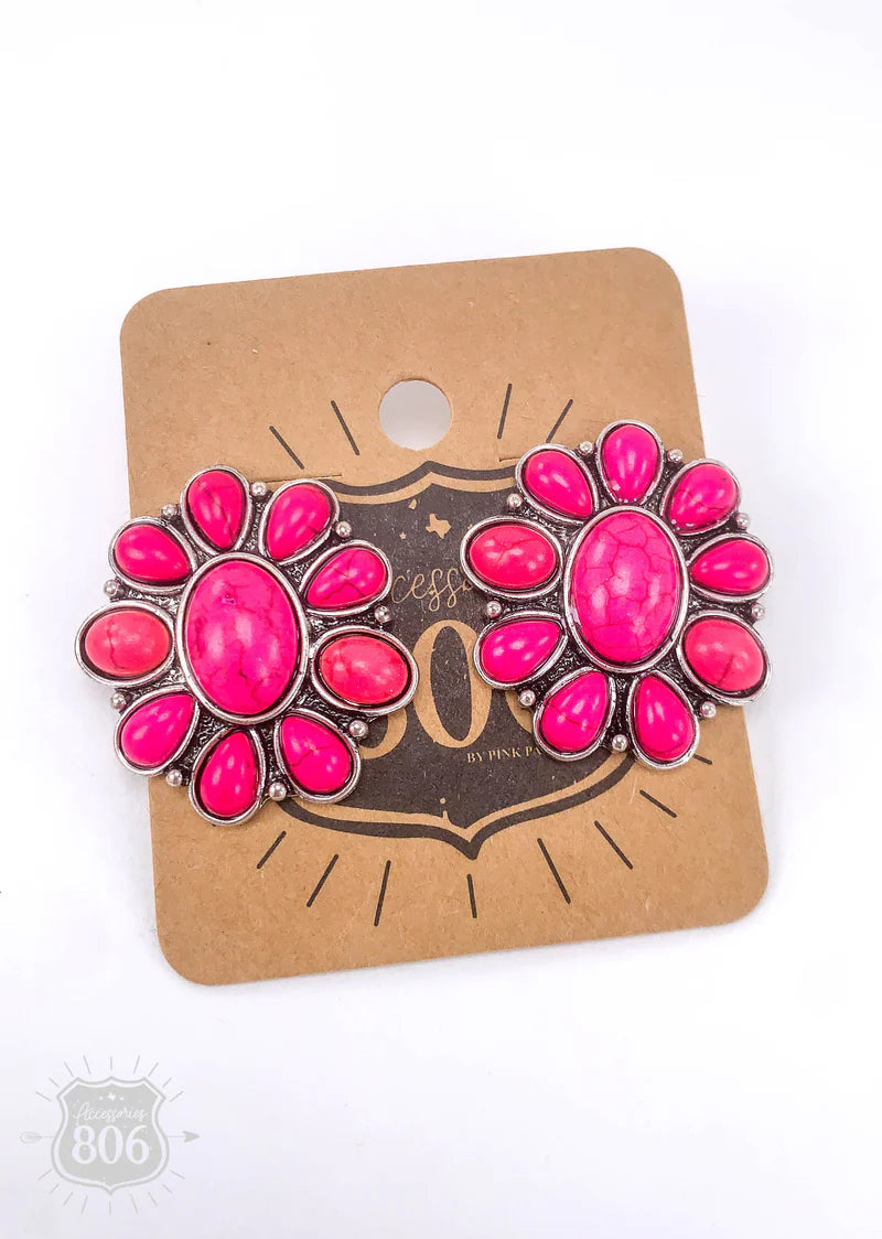 Oval Flower Post Earrings with Stones in Pink