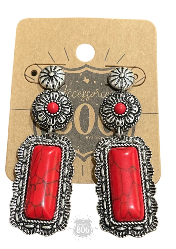 Western Red Rectangle Turquoise Earrings