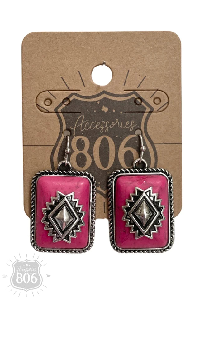 Rectangle Pink Turquoise Aztec Earrings