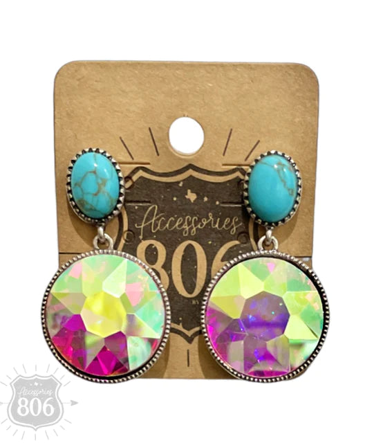 Round Silver Rhinestone Earrings with Turquoise Studs
