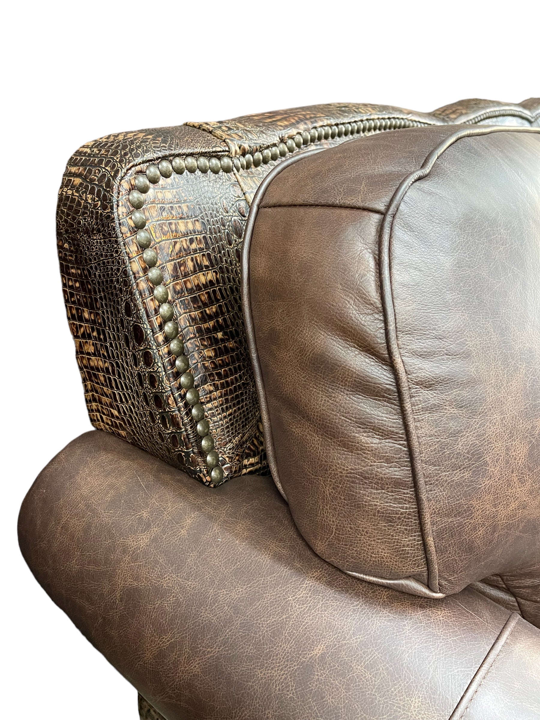 Custom Silverado Sofa in Fargo Brown and Copper Gator Leather