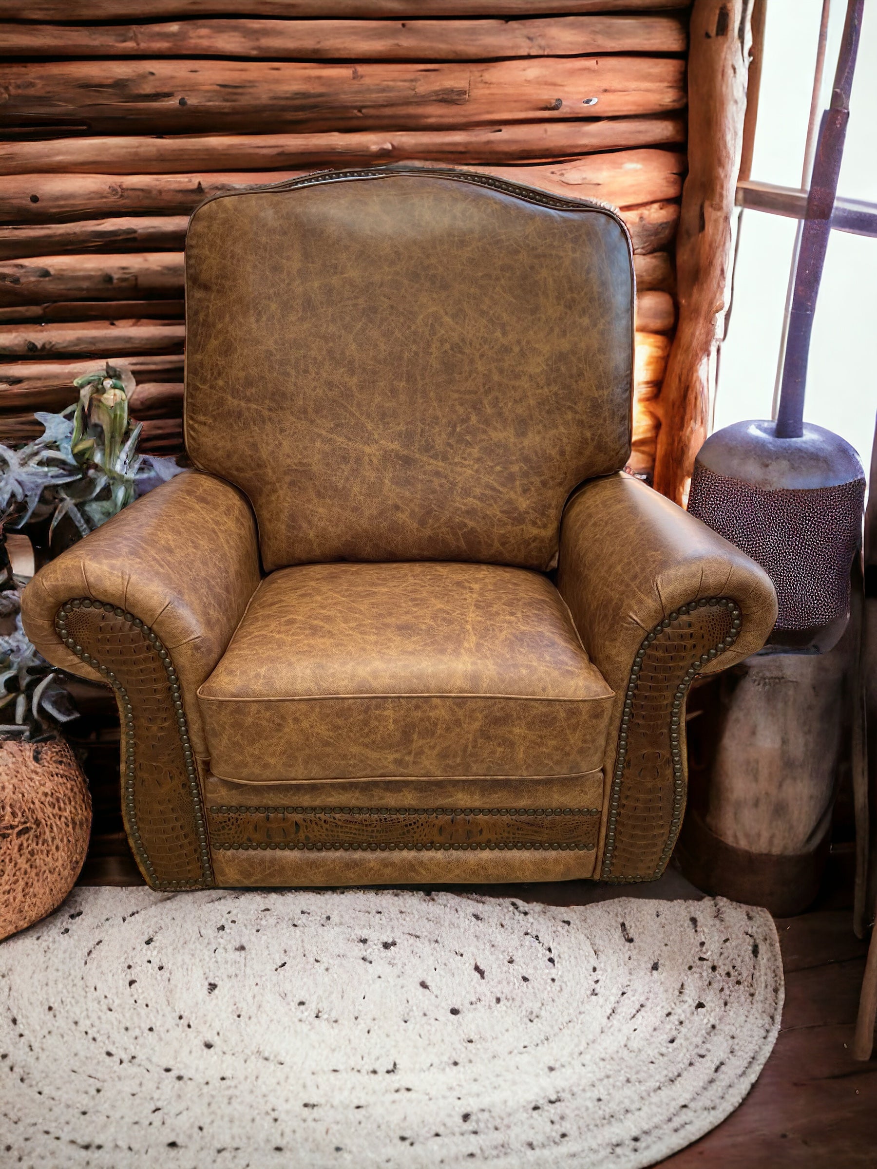 Custom Silverado Swivel, Rocker Recliner in Fargo Whiskey Leather with Hair On Hide Croc Accents