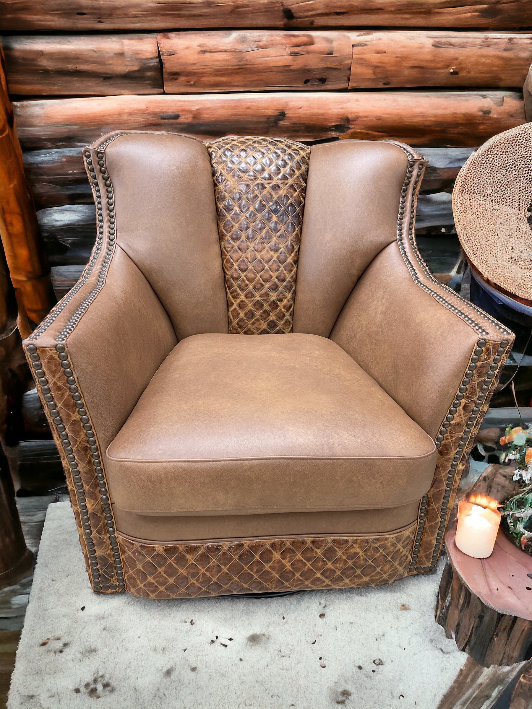 Custom Puma Swivel Chair in Warm Tulsa Leather with Diamond Stitch Accents
