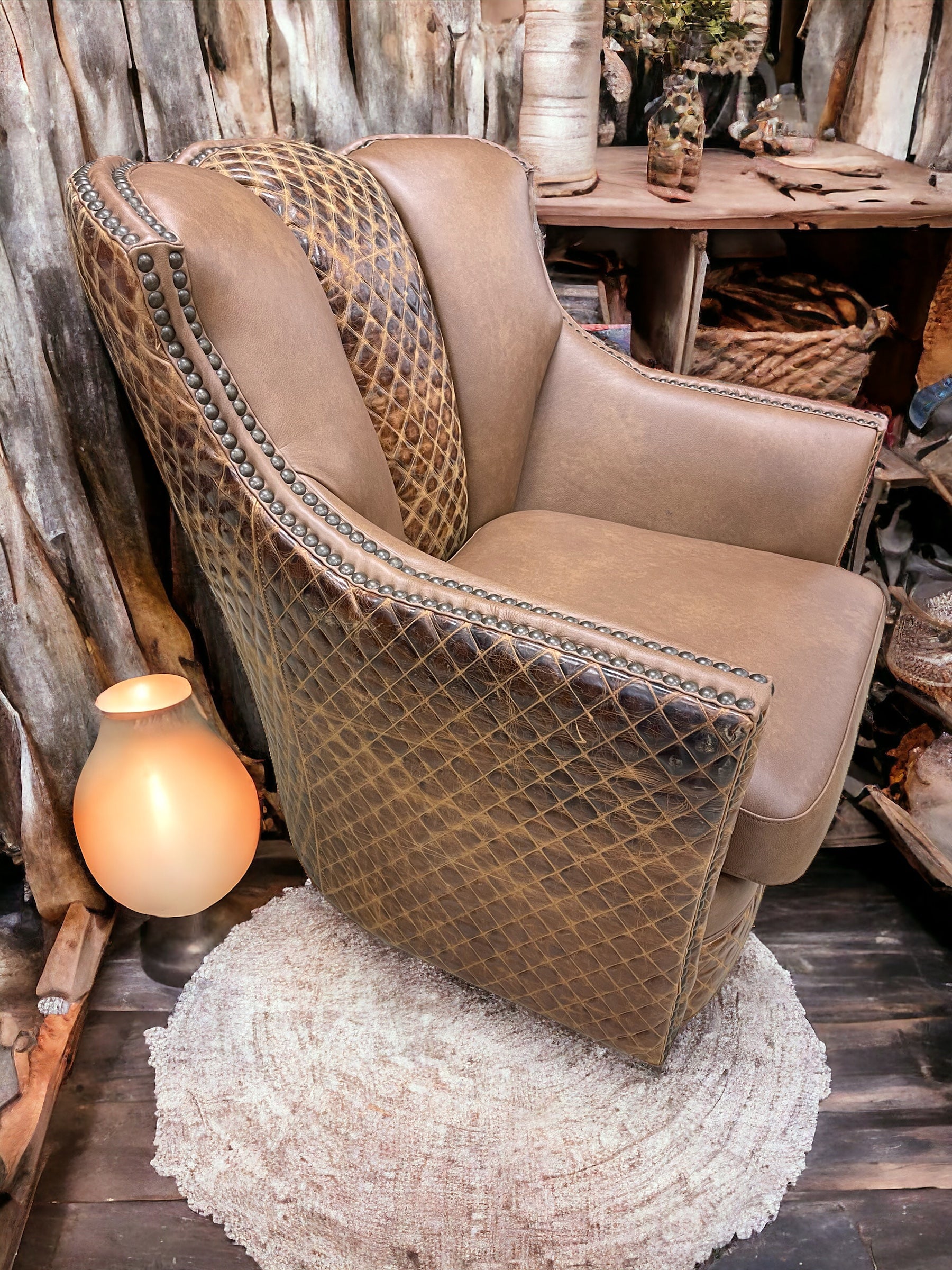 Custom Puma Swivel Chair in Warm Tulsa Leather with Diamond Stitch Accents
