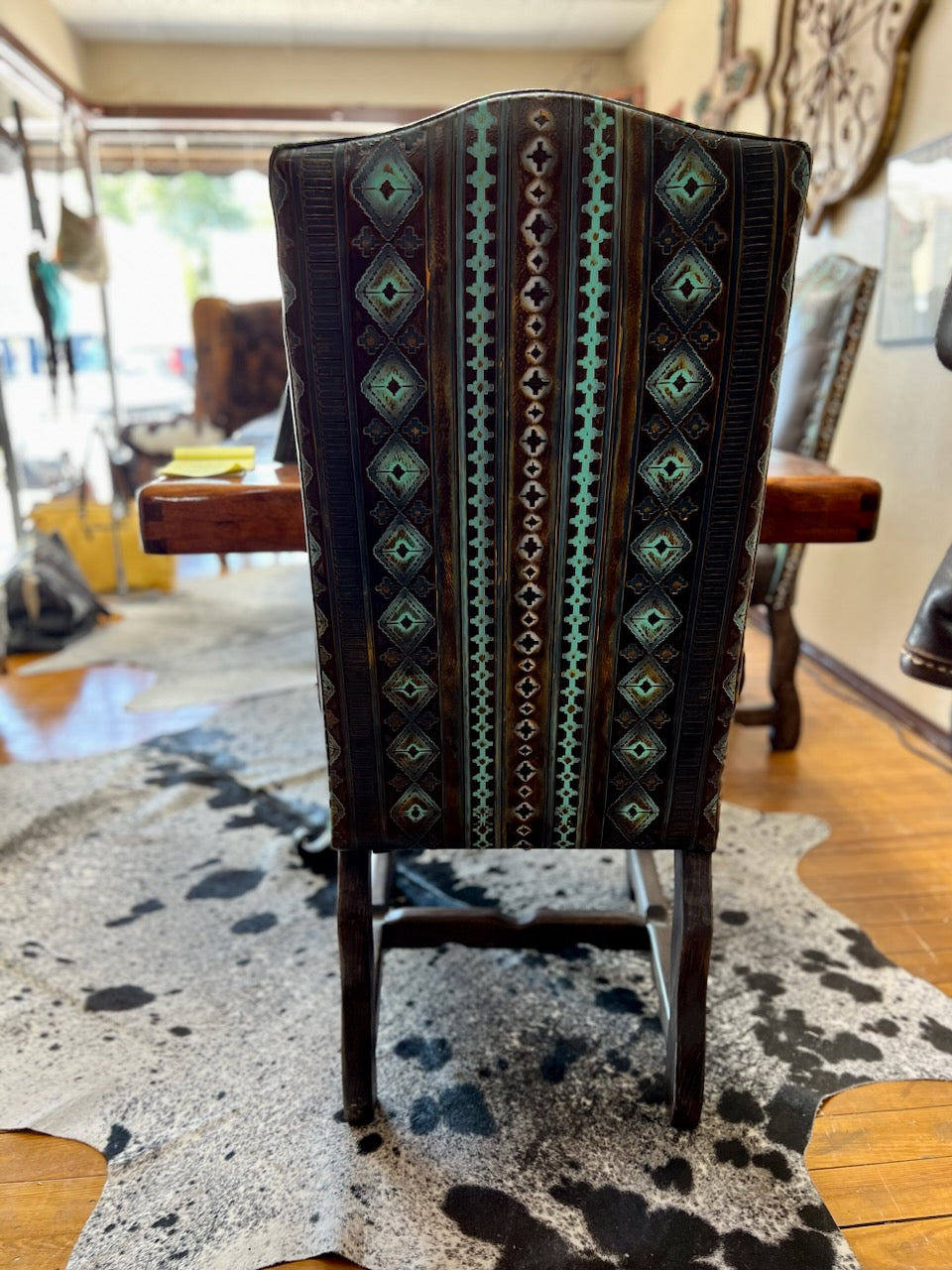 Custom Leather Dining Room Chair in Fargo Chocolate with Aztec Turquoise