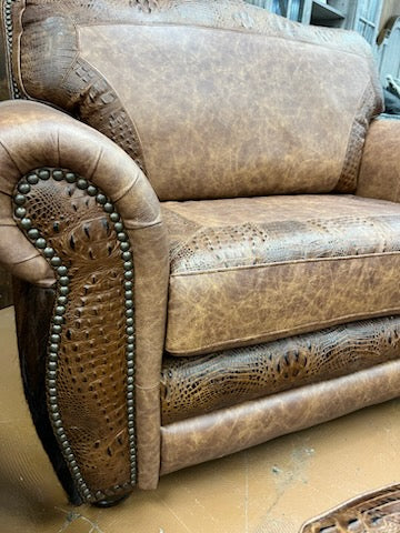 Custom El Dorado Chair-and-a-half in Fargo Whiskey Leather with Croc and Cowhide Accents