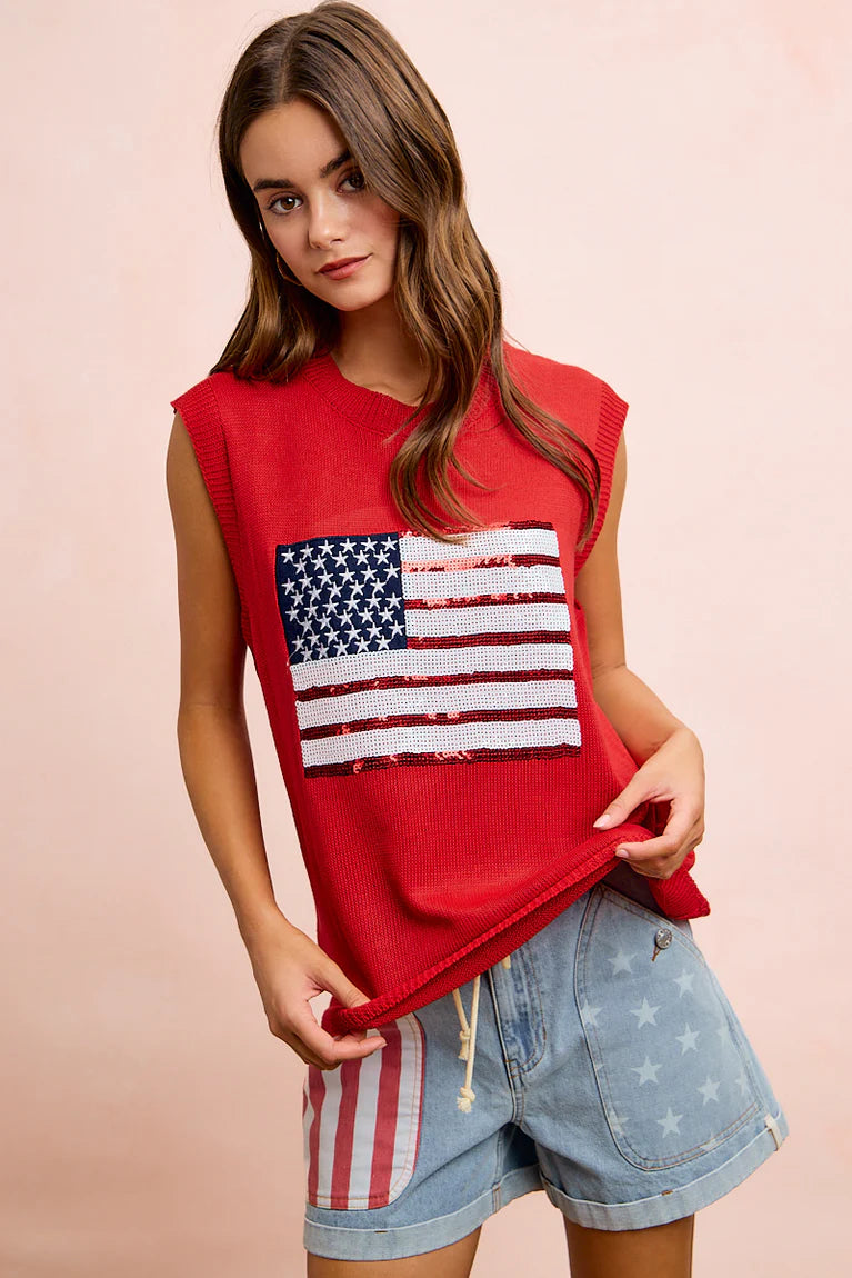 Red USA Flag Sequin Top IT1050S-01