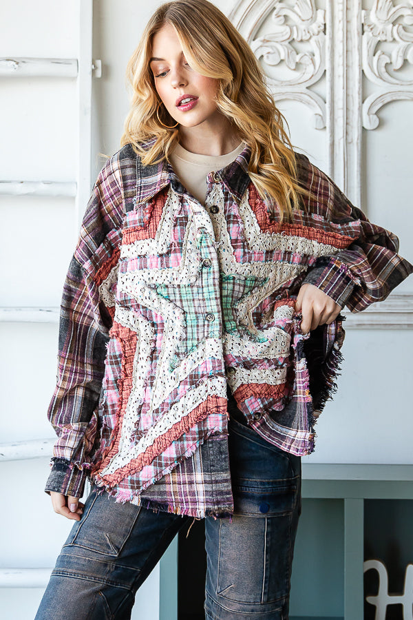 Star Struck Washed Plaid Button-up Top in Black