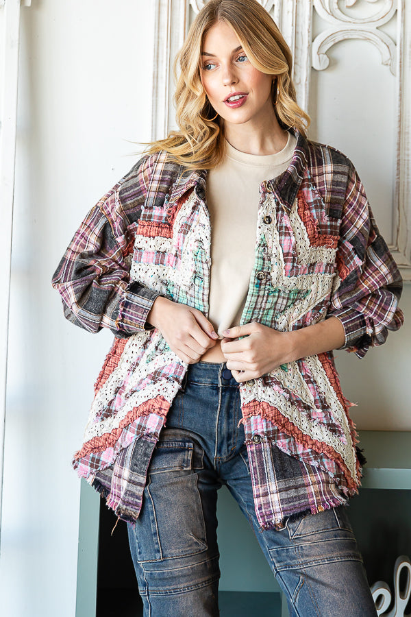 Star Struck Washed Plaid Button-up Top in Black