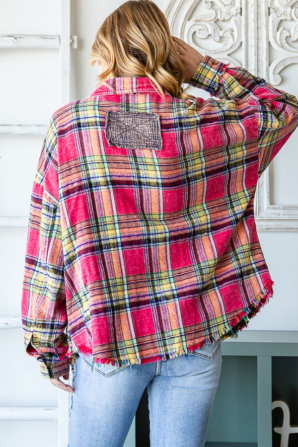 Star Struck Washed Plaid Button-up Top in Red
