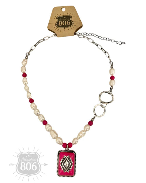Chain and Pearl Necklace with Aztec Stone Pendant in Pink