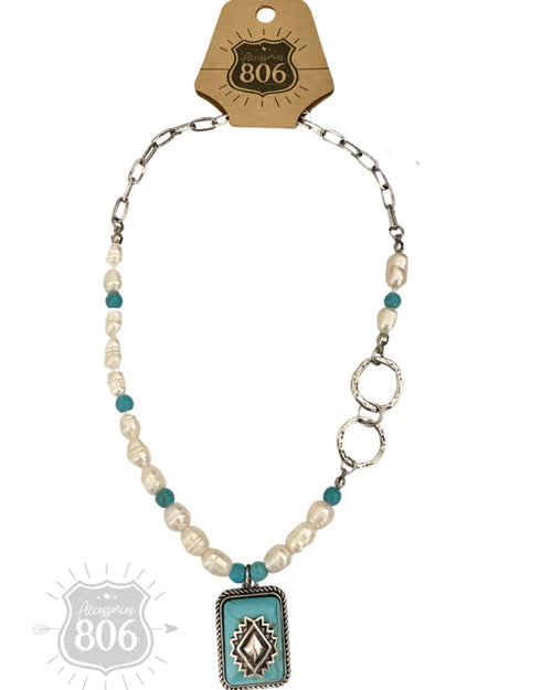 Chain and Pearl Necklace with Aztec Stone Pendant in Turquoise