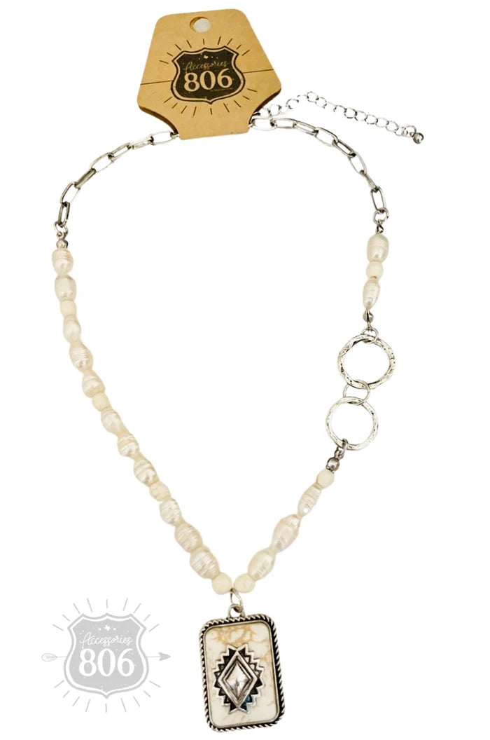 Chain and Pearl Necklace with Aztec Stone Pendant in White