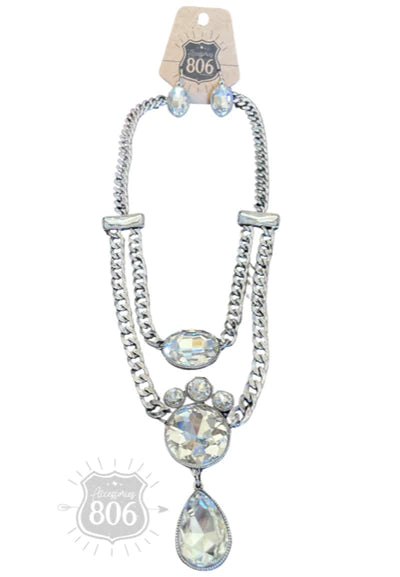Rhinestone Charmed Double Chain Necklace in Silver/Clear