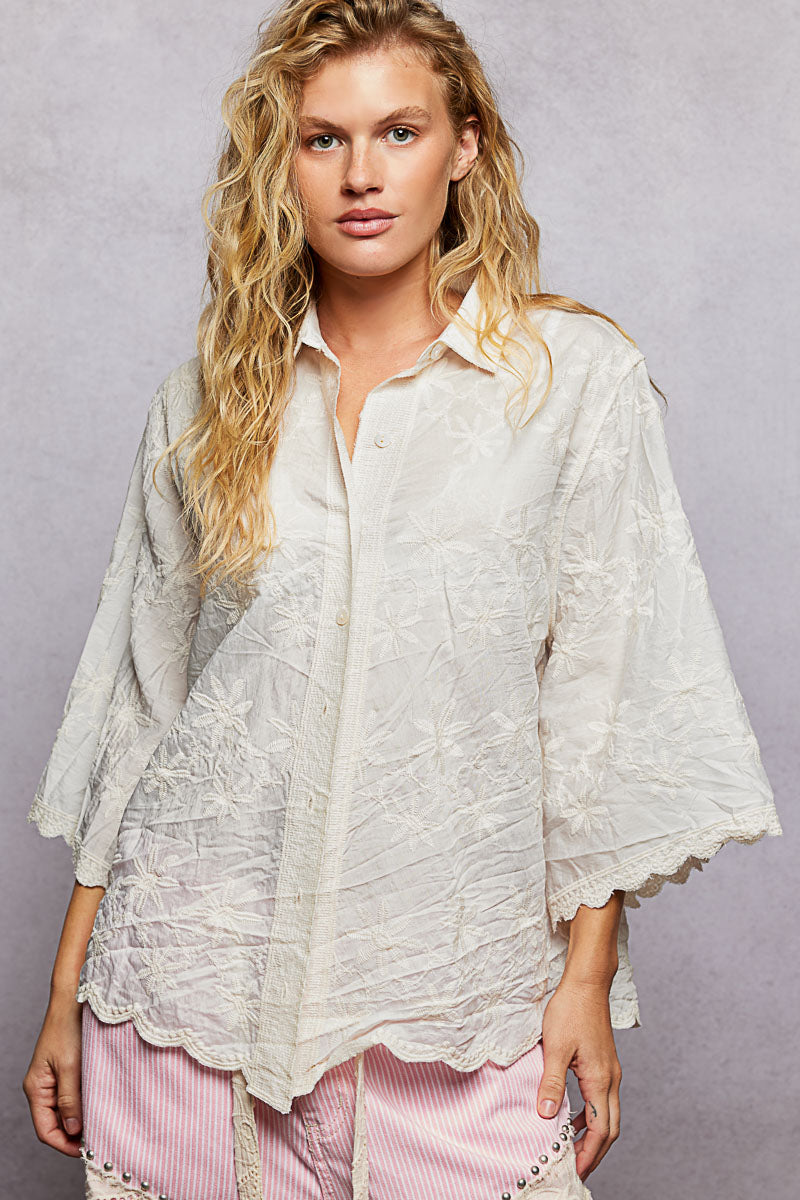 Cream Embroidery Oversized Top SMC287