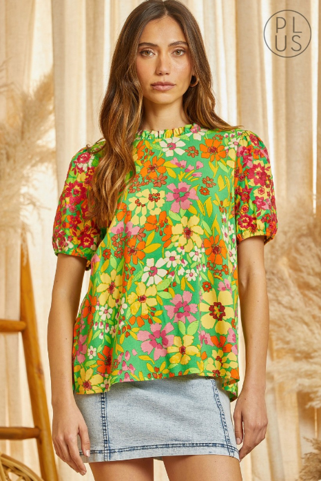 SJ Floral Print Top With Puff Sleeves