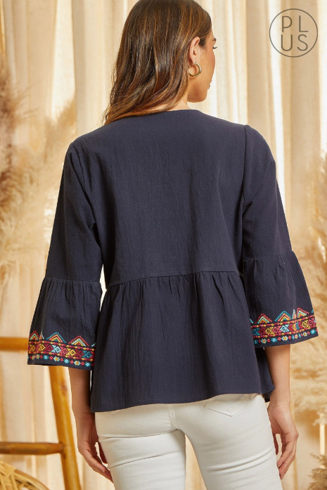 Abbie Jo Aztec Embroidered Top in Navy