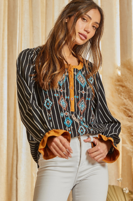 Crissy Striped Aztec Embroidery Top