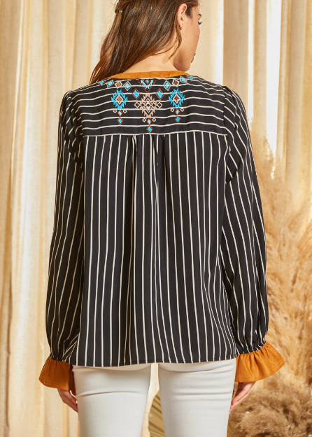 Crissy Striped Aztec Embroidery Top
