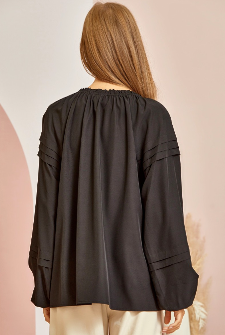 Gabby Woven Blouse with Pleated Sleeves in Black