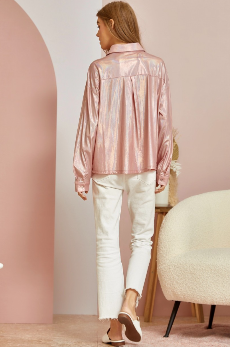 Kass Shimmery Button-Down Top in Blush