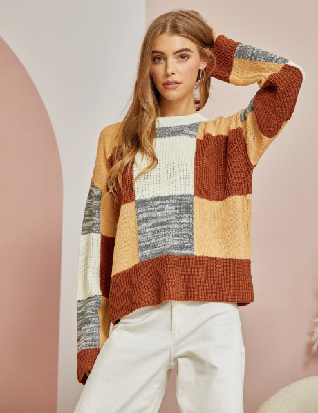 Nikki Knit Color Block Sweater in Chestnut