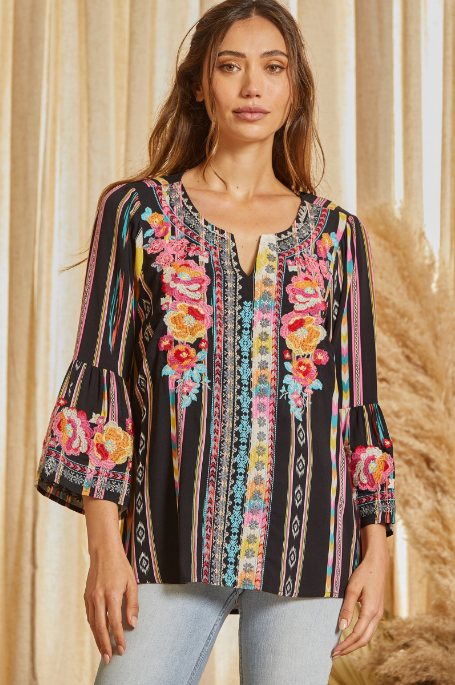 Mallie Aztec and Floral Embroidered Top