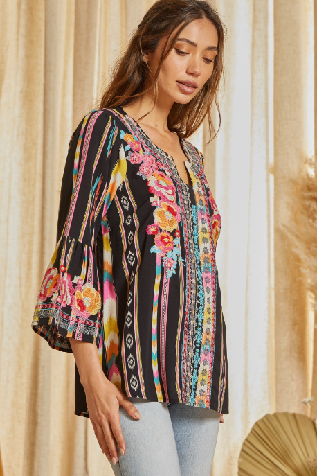 Mallie Aztec and Floral Embroidered Top