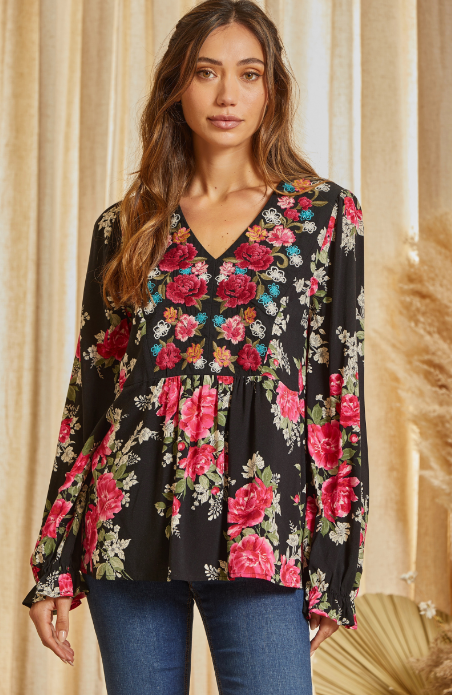 Brianna Floral Print Babydoll Top in Black and Pink