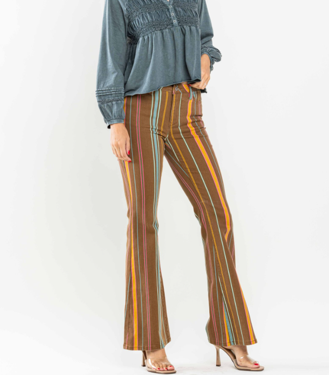 Judy Blue Mid Rise Striped Flare Jeans