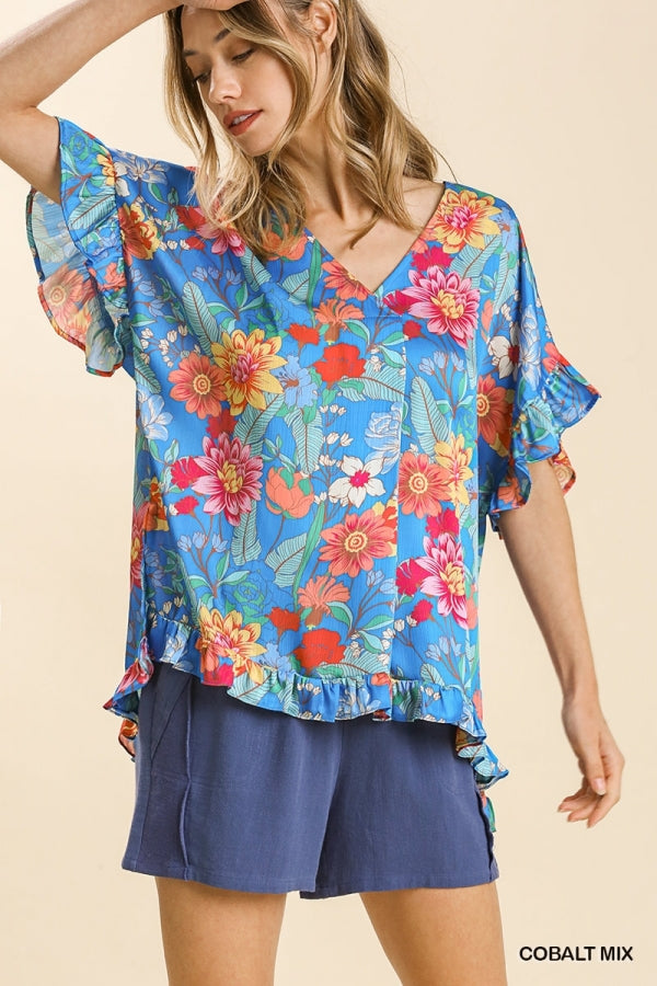 Stephanie V-Neck Floral Top with Ruffle Sleeves in Cobalt