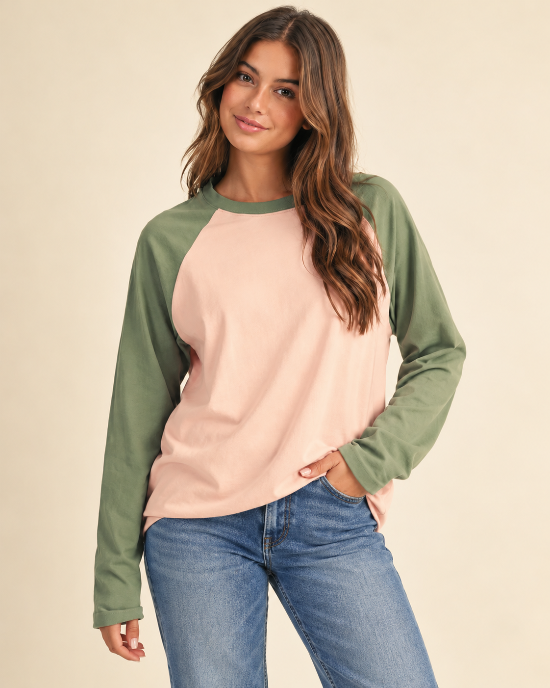 Green Long Sleeve Baseball Tee 8722IN