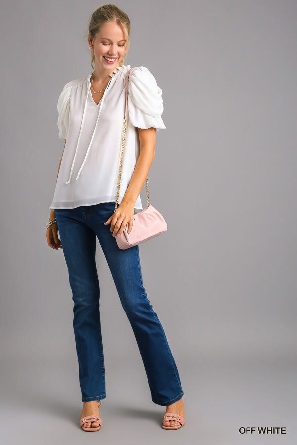 Blakely Puff Draped Sleeve Top with Adjustable Front Tie in Off White