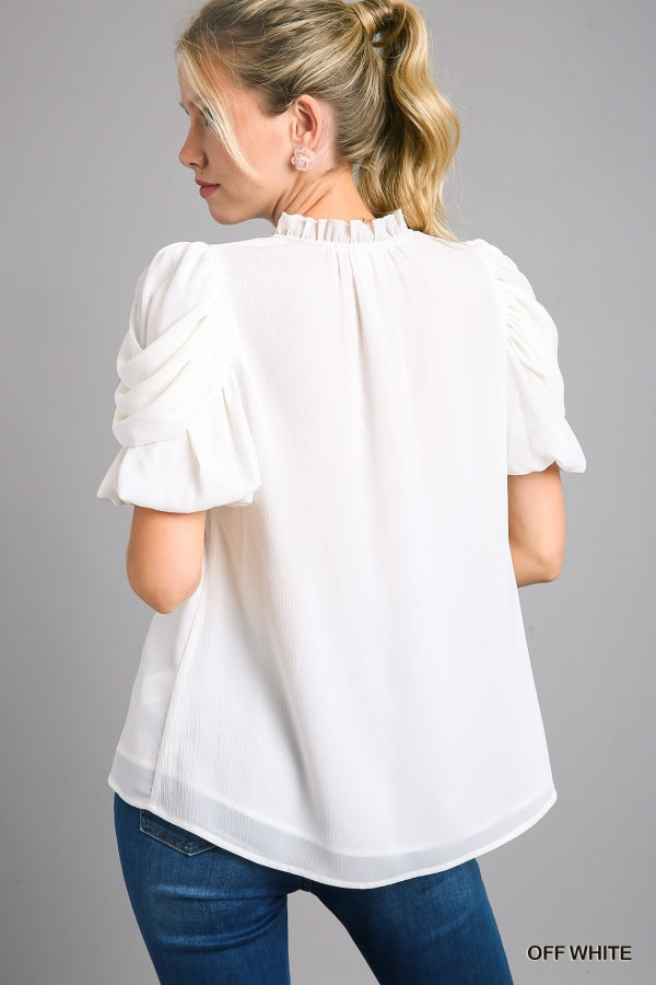 Blakely Puff Draped Sleeve Top with Adjustable Front Tie in Off White