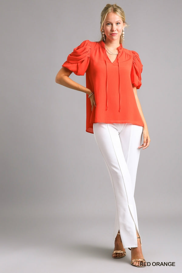 Blakely Puff Draped Sleeve Top with Adjustable Front Tie in Red-Orange