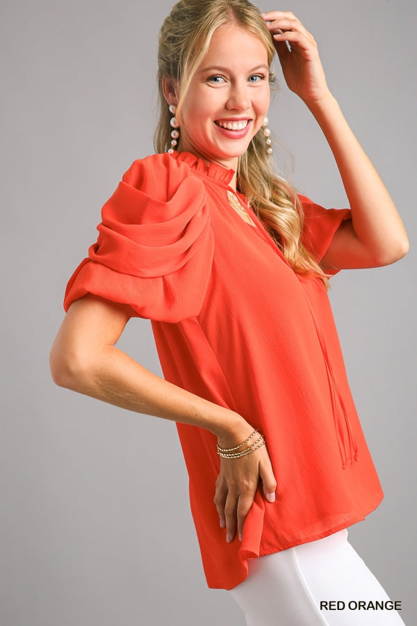 Blakely Puff Draped Sleeve Top with Adjustable Front Tie in Red-Orange