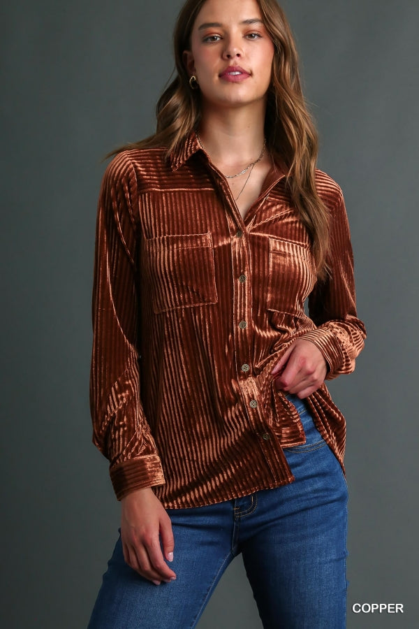 Bailey Textured Velvet Button-Down Top in Copper - Our Stuff