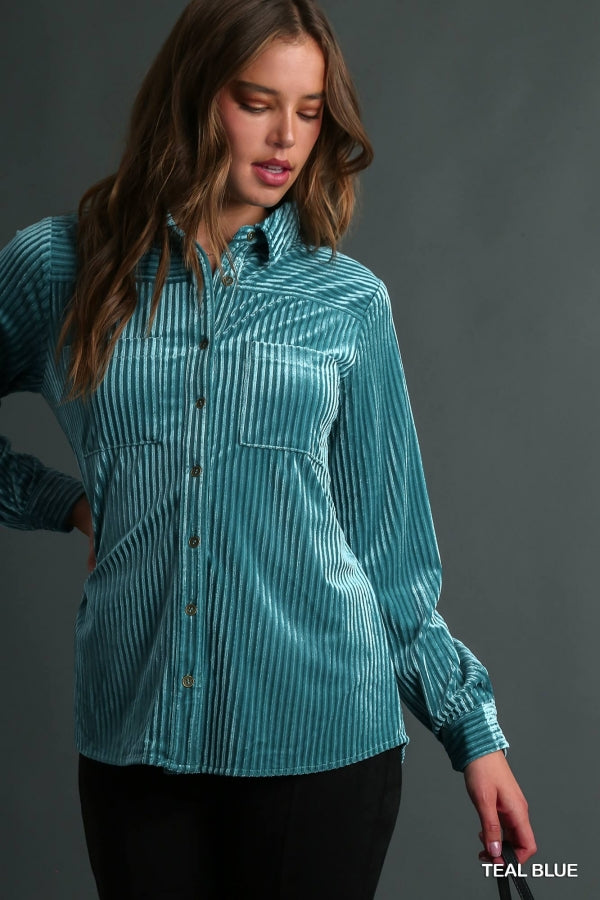 Bailey Textured Velvet Button-Down Top in Teal
