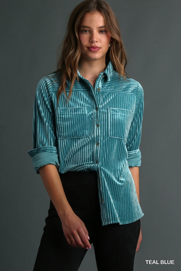 Bailey Textured Velvet Button-Down Top in Teal