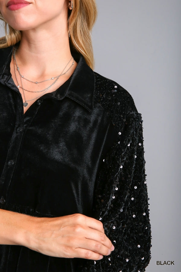 Alyssa Velvet Tunic Top with Sequined Sleeves in Black