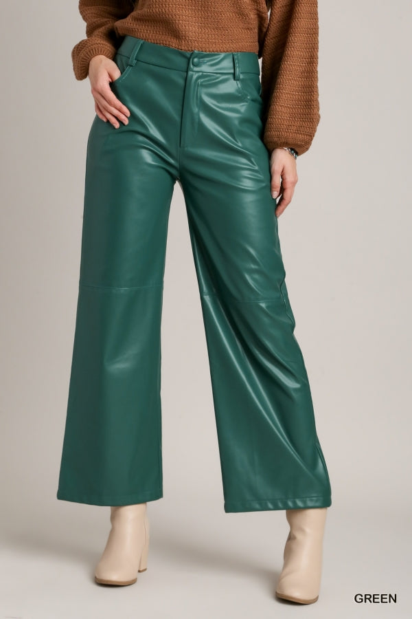 Faux Leather Straight Leg Pants in Green