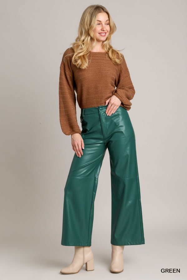 Faux Leather Straight Leg Pants in Green