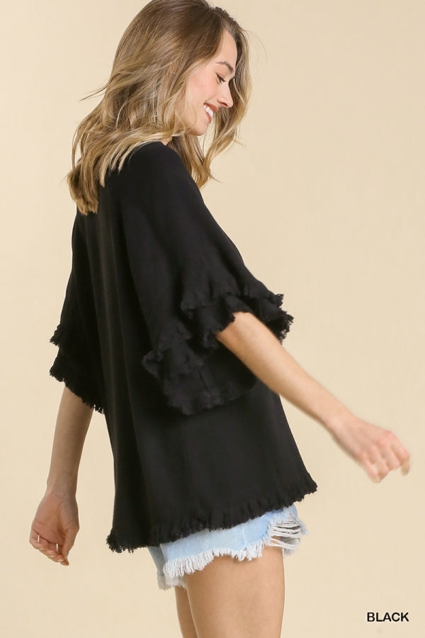 Maizy Linen Blend Top with Frayed Hem in Black