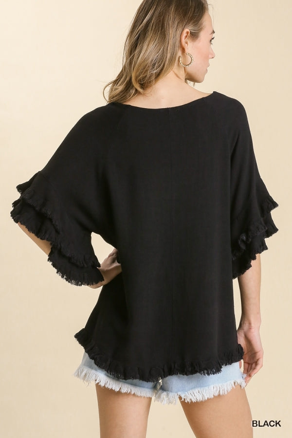Maizy Linen Blend Top with Frayed Hem in Black