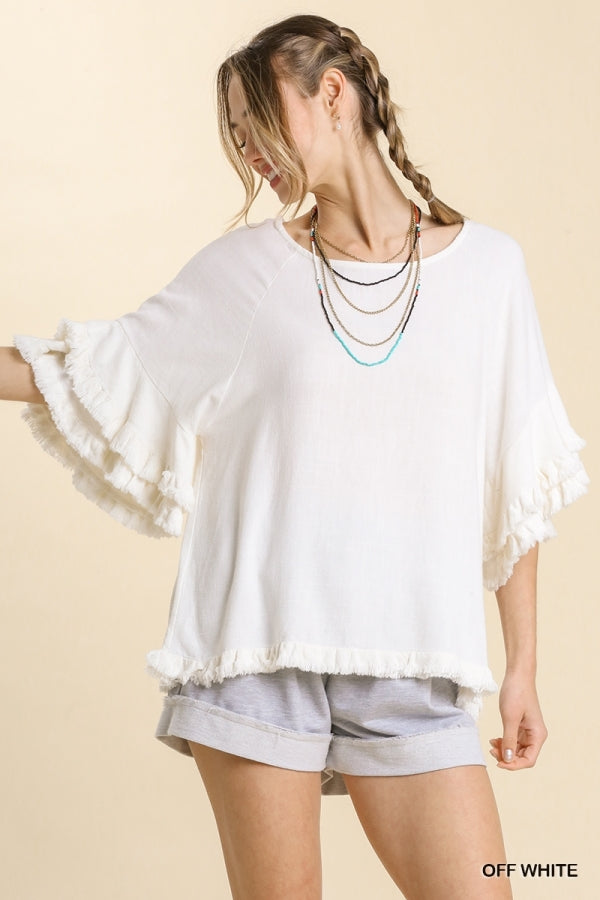 Maizy Linen Blend Top with Frayed Hem in Off-White
