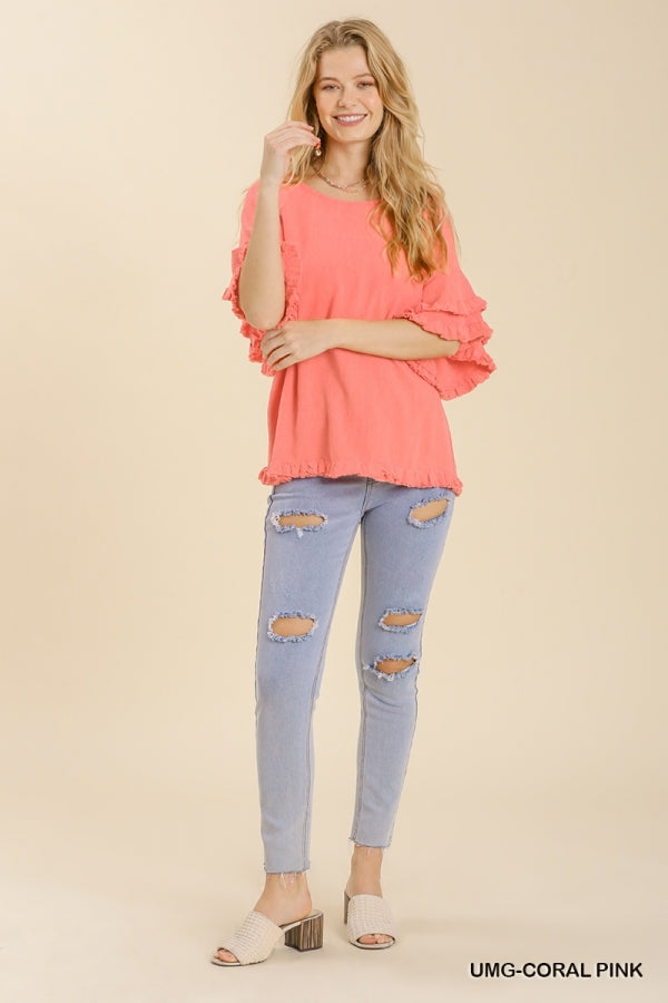 Maizy Linen Blend Top with Frayed Hem in Coral