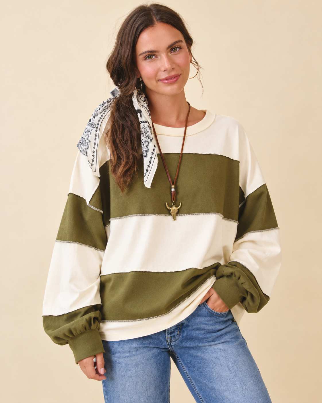 Olive Oversized Long Sleeve Pullover 8551GN