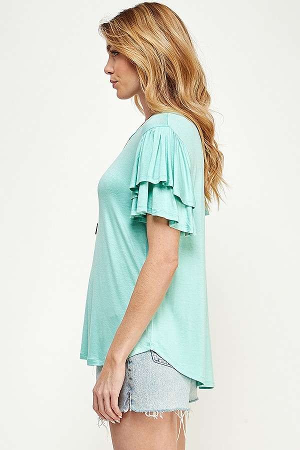 Willow Jane Round Neck Semi Loose Ruffle Sleeve Top in Mint Ocean