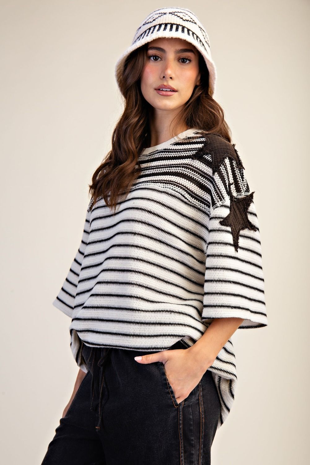 3/4 Sleeve Star Patch Top ET71886