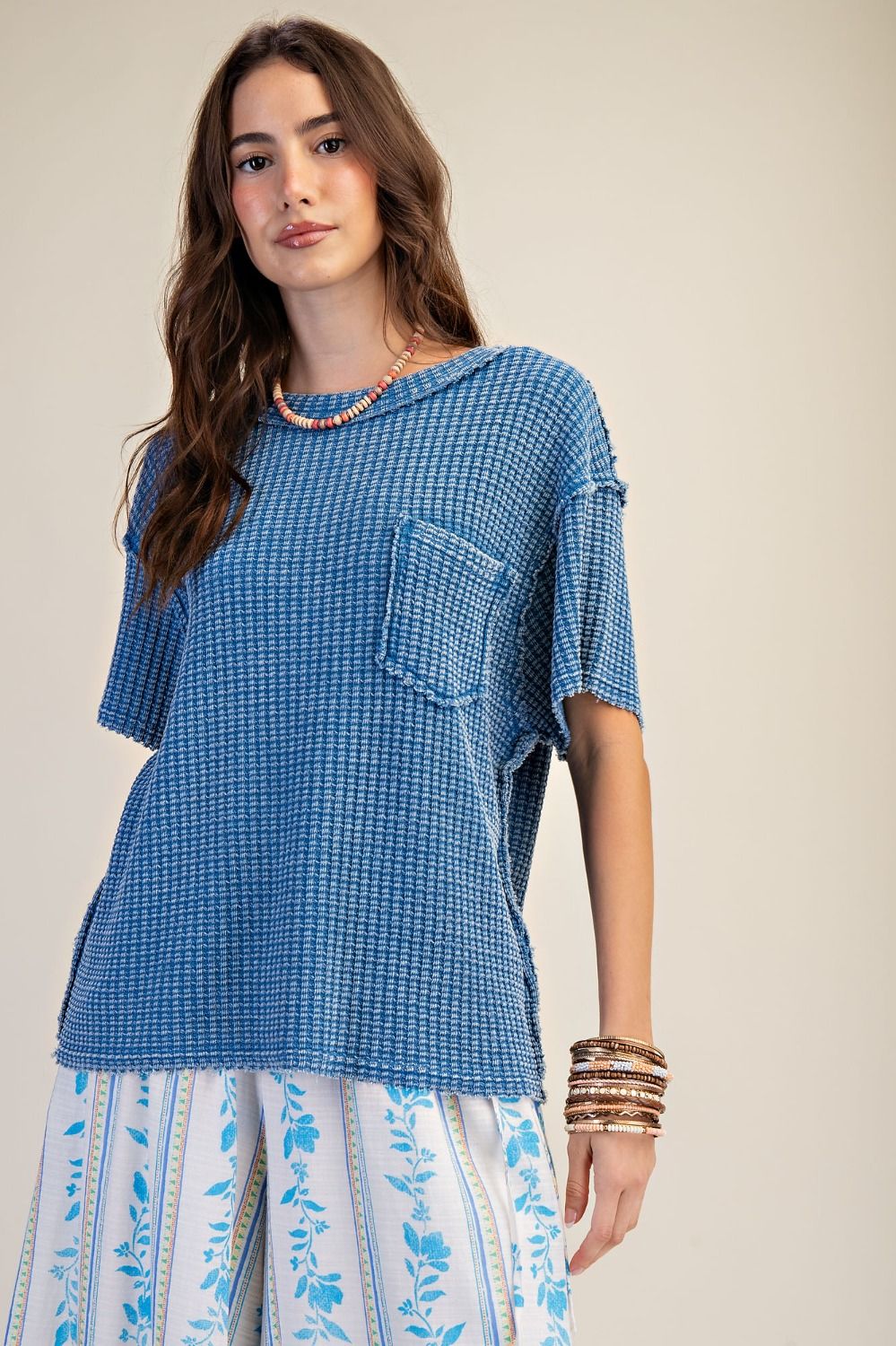 Blue WASHED WAFFLE TOP